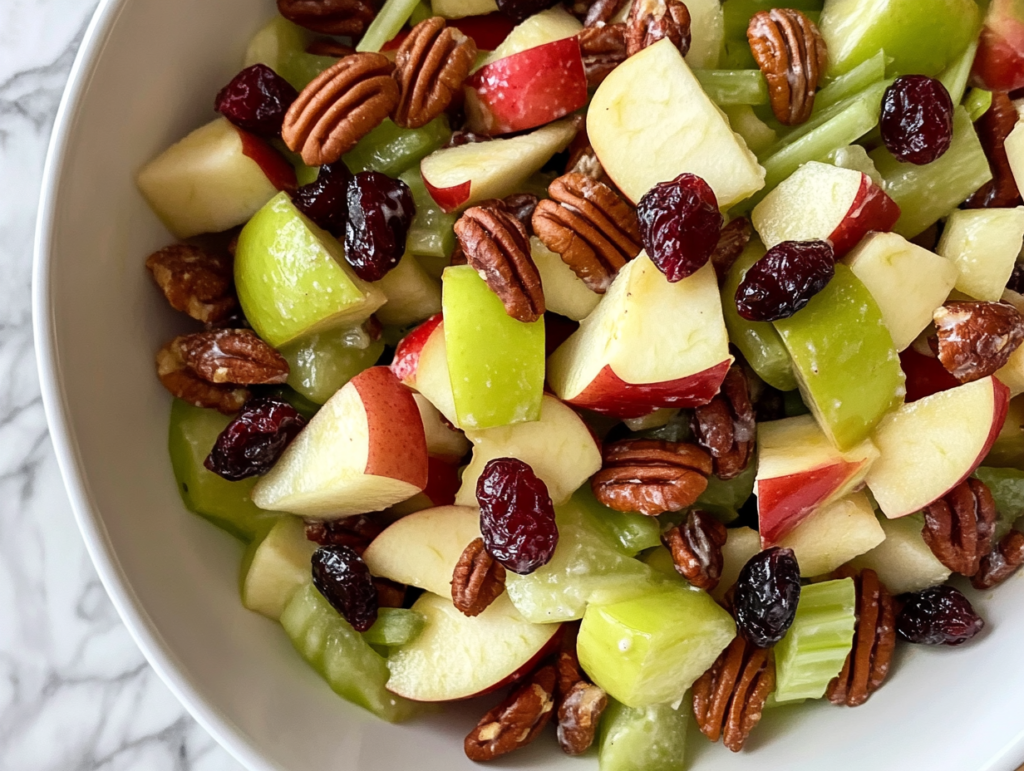 A vibrant apple salad featuring diced Honeycrisp apples, chopped celery, halved grapes, toasted pecans, and dried cranberries, all tossed in a creamy dressing.