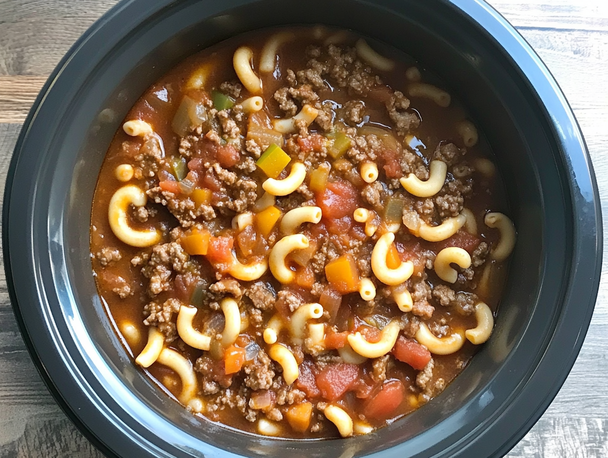 A bowl of crockpot goulash topped with shredded cheddar cheese, featuring ground beef, pasta, and colorful vegetables.