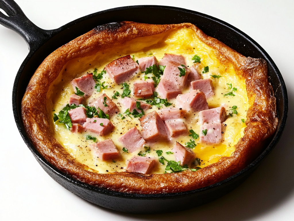 A beautifully puffy Dutch baby pancake, golden brown and garnished with fresh herbs, with diced ham peeking through, served in a cast-iron skillet.
