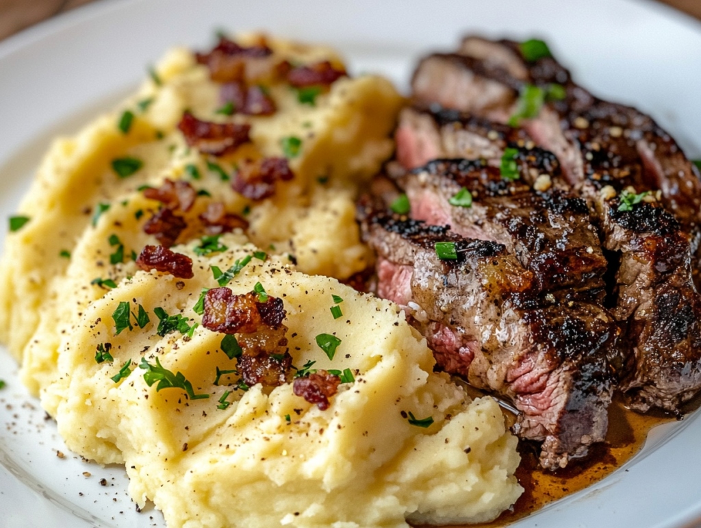 A deliciously baked dish featuring garlic Parmesan chicken and steak, served alongside creamy cheesy loaded mashed potatoes.