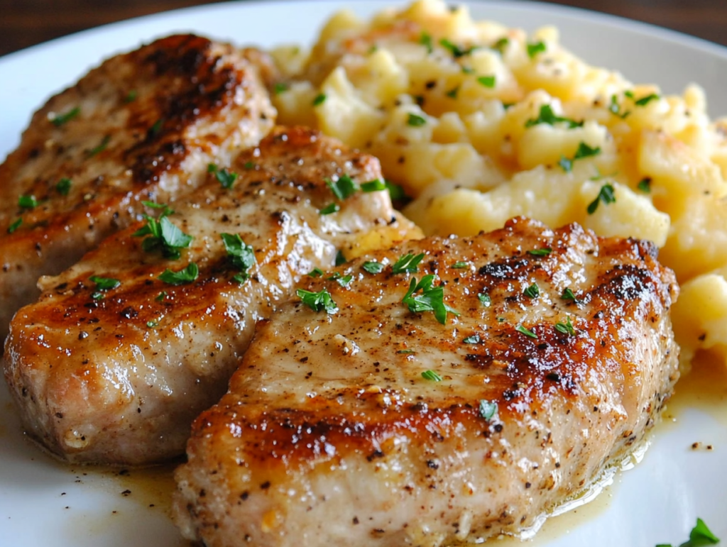 Delicious Garlic Parmesan Pork Chops served with creamy Cheesy Scalloped Potatoes on a rustic wooden table.