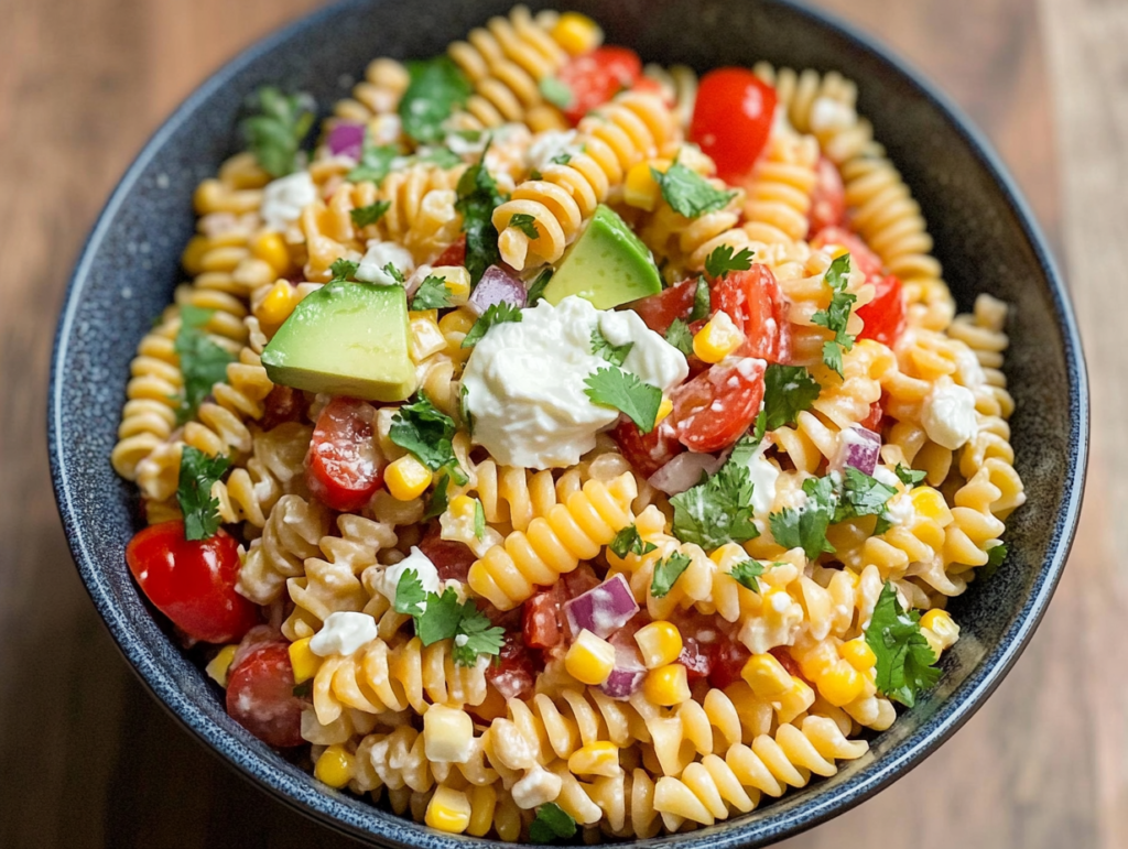 A colorful bowl of Mexican Street Corn Pasta Salad featuring pasta, corn, cherry tomatoes, and cilantro, topped with crumbled cheese.