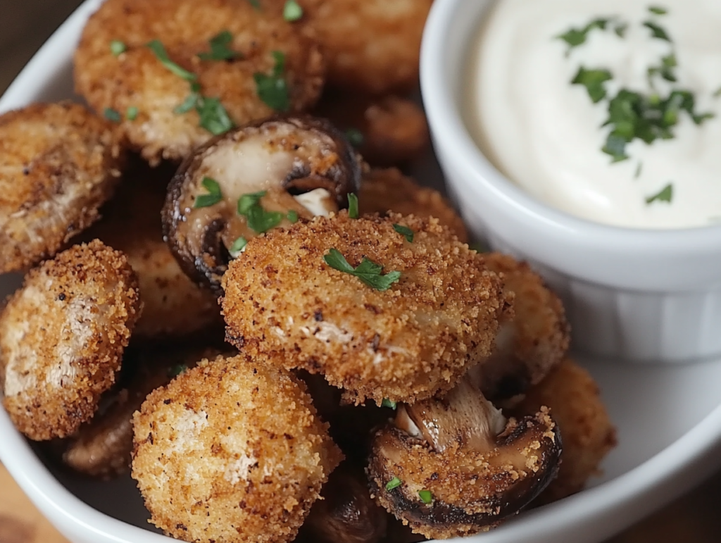 A plate of crispy fried mushrooms served with a creamy ranch dip, garnished with fresh herbs.